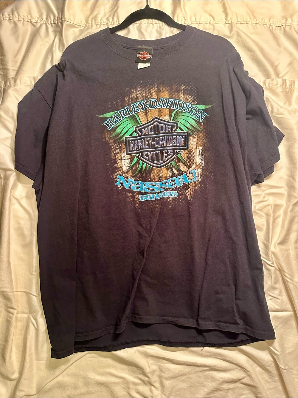 Harley-Davidson Black Graphic Tee with Green and Blue Accents